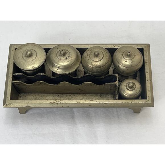Vintage Betel Nut Box Kit Set 5 Lidded Canisters Divided Tray Indonesia Brass - Picture 10 of 10